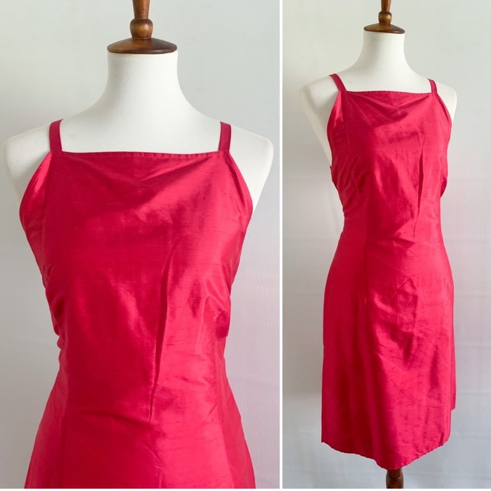 Deadstock 90s 100% Silk Square Neck Watermelon Pink Summer Midi Dress